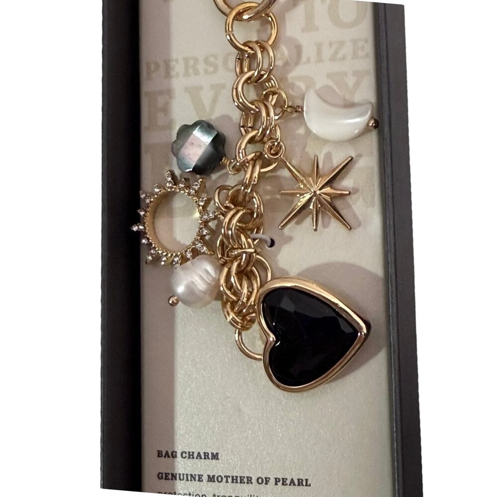 Luna Norte Mother Of Pearl Bag Charm Key Ring Clip Genuine Stone Moon Star Gold - Picture 6 of 8
